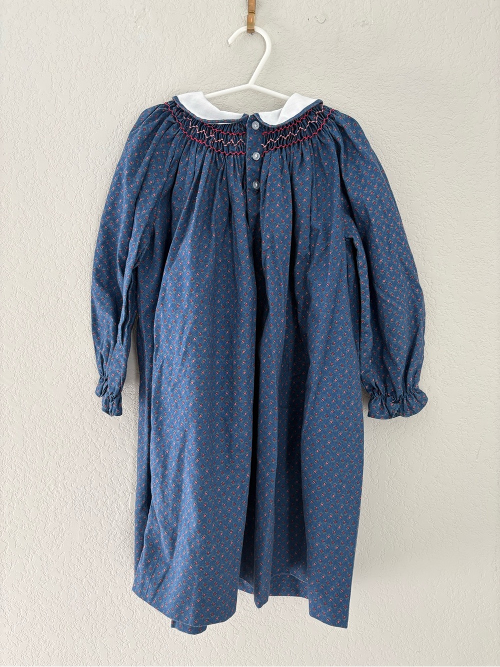 Vintage Girls The Smockery Smocked Long Sleeve Dress Size 5 Blue Fall Collar - Picture 5 of 8